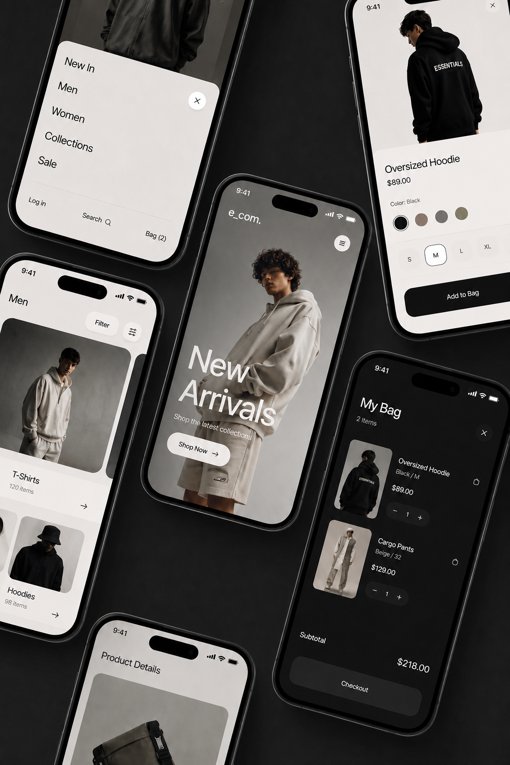 Fashion commerce app shown across multiple mobile screens