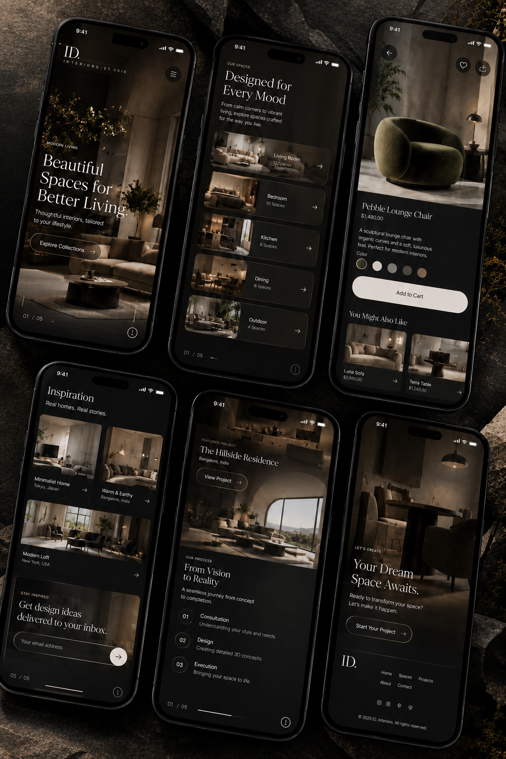 Luxury interior design app presented across six mobile screens