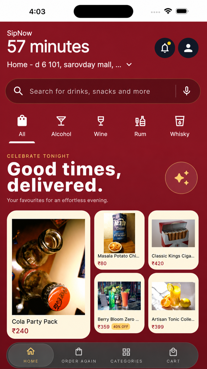 SipNow app — Home screen