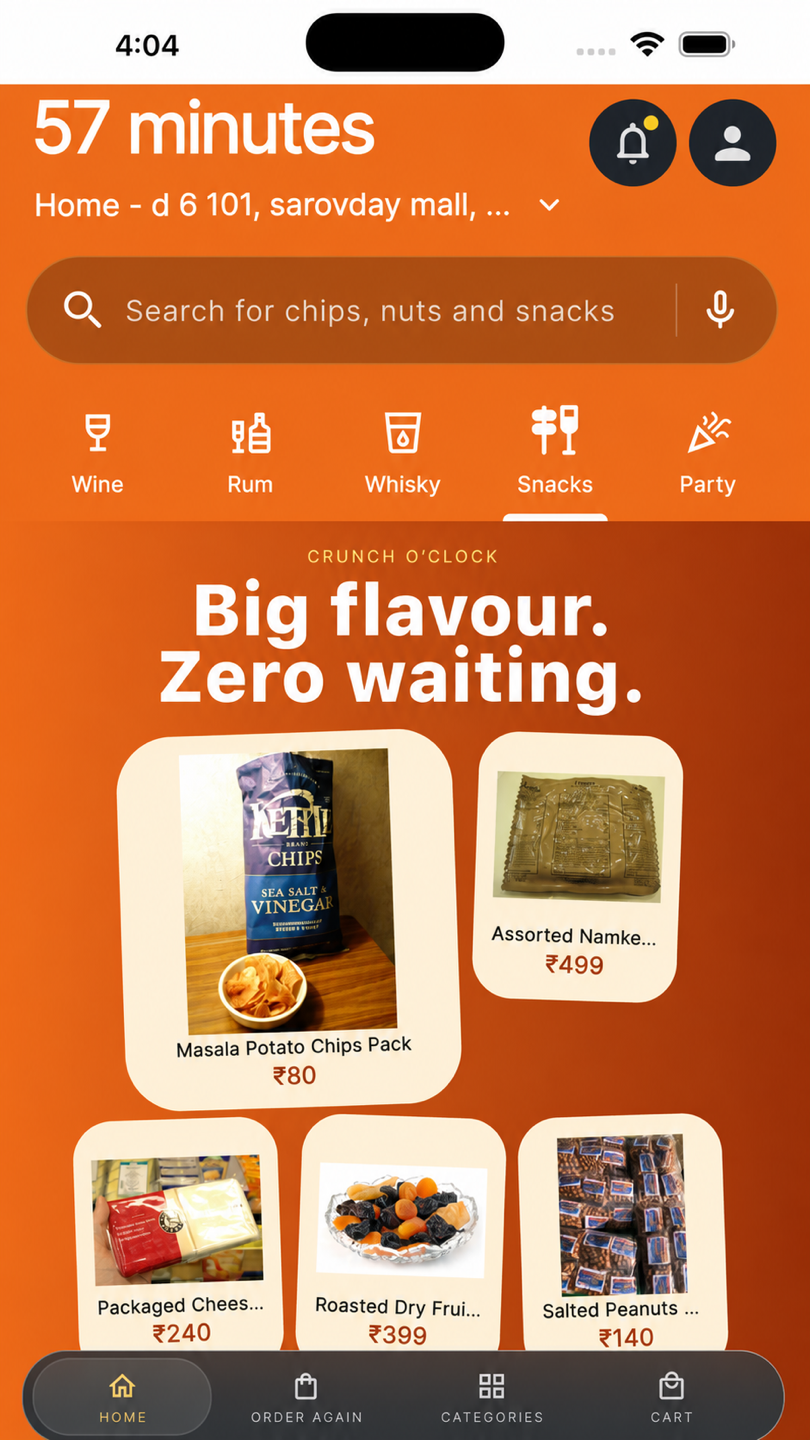 SipNow app — Snacks screen