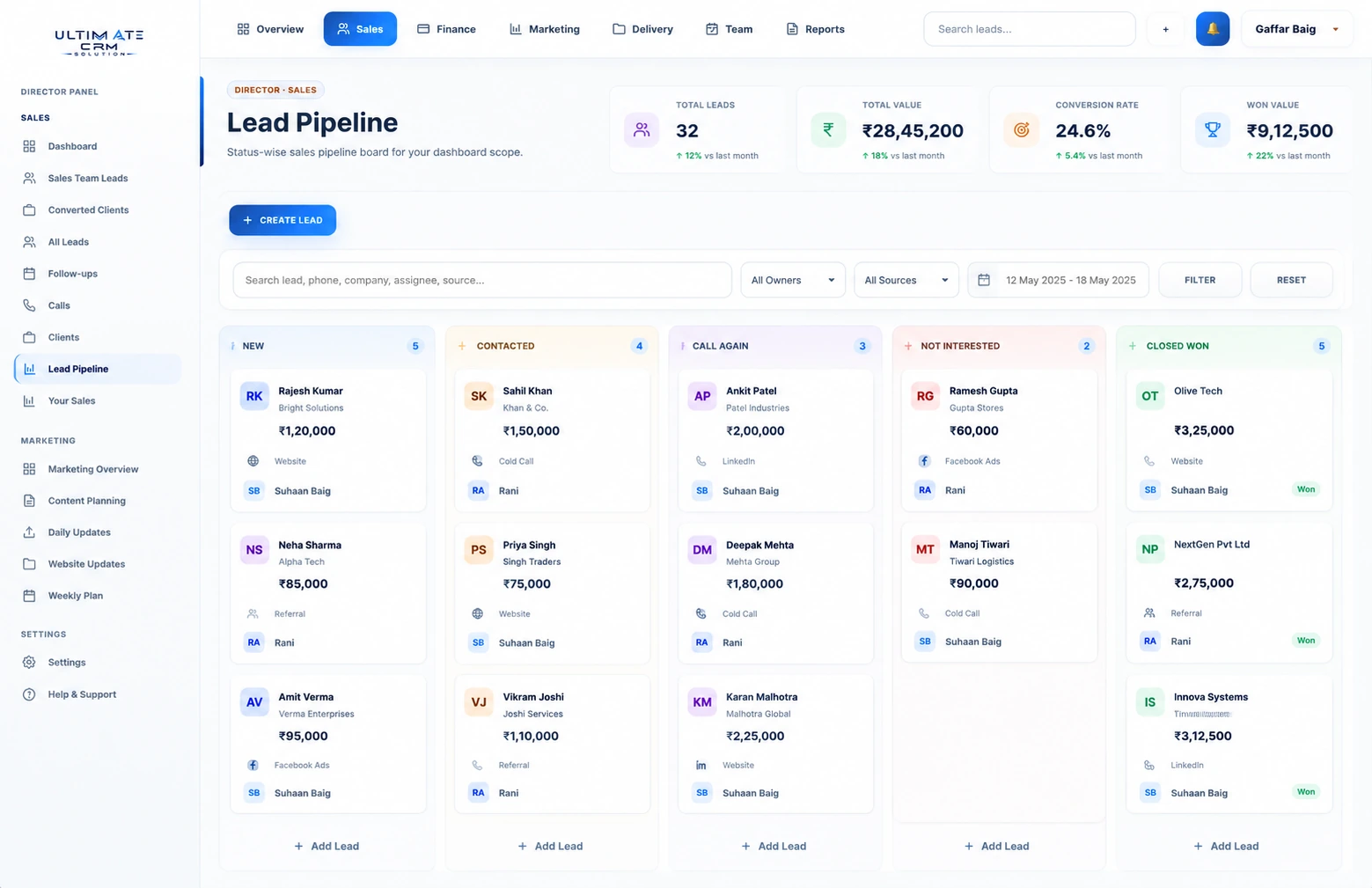 Ultimate Solution CRM lead pipeline kanban from new to closed won