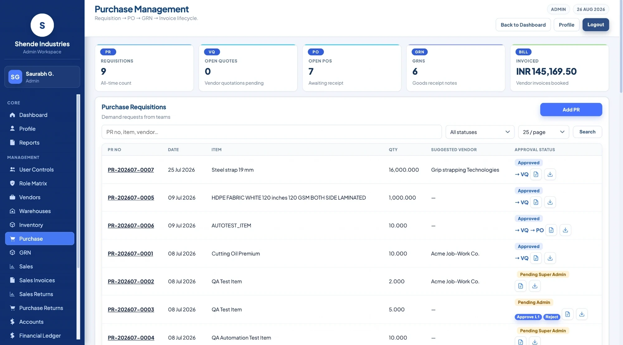 Ultimate Solution ERP purchase management module