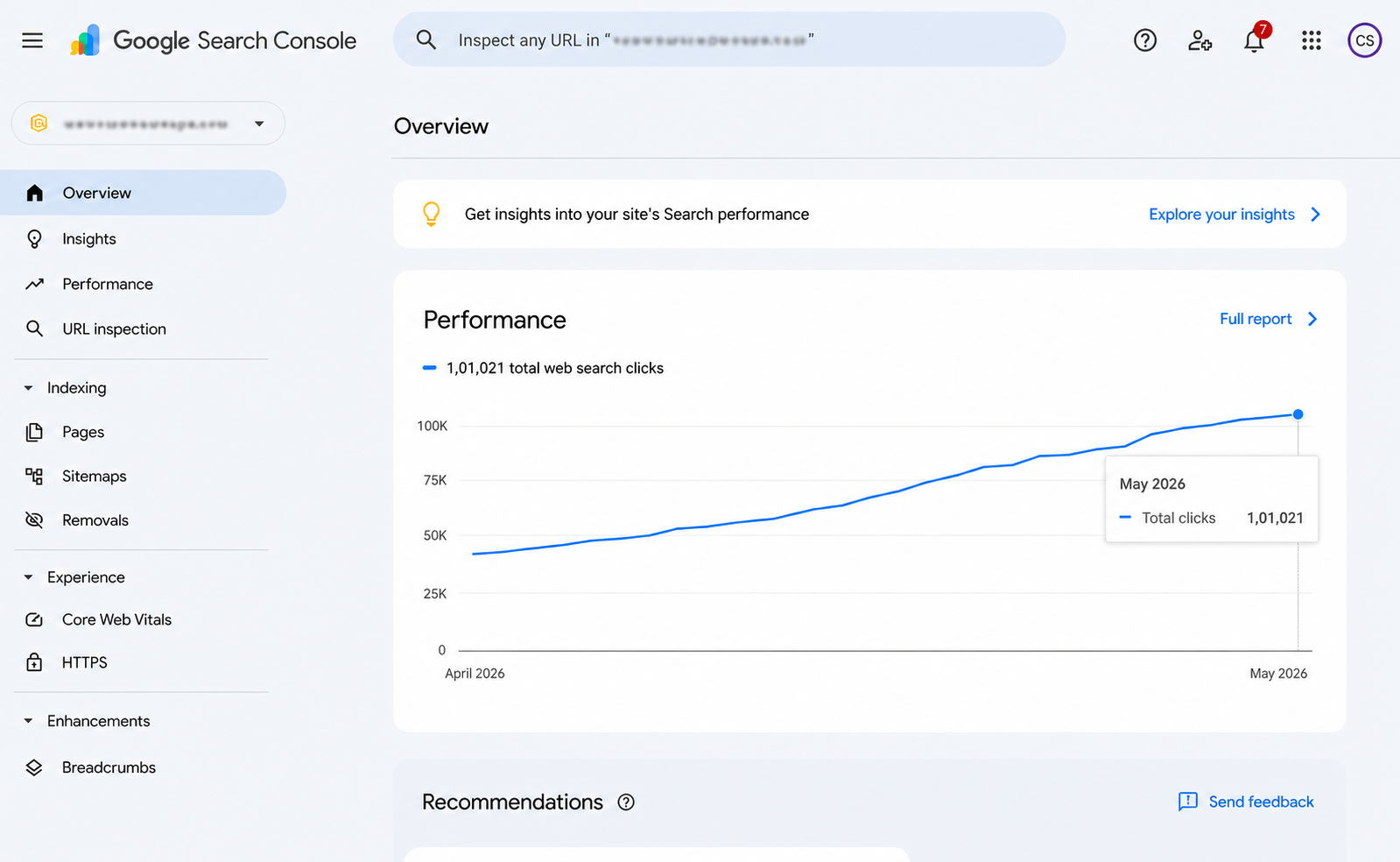 Anonymized Google Search Console overview showing 1,01,021 total web search clicks