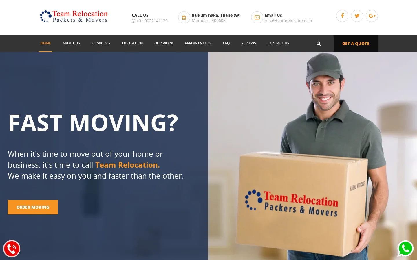 Team Relocations website — desktop